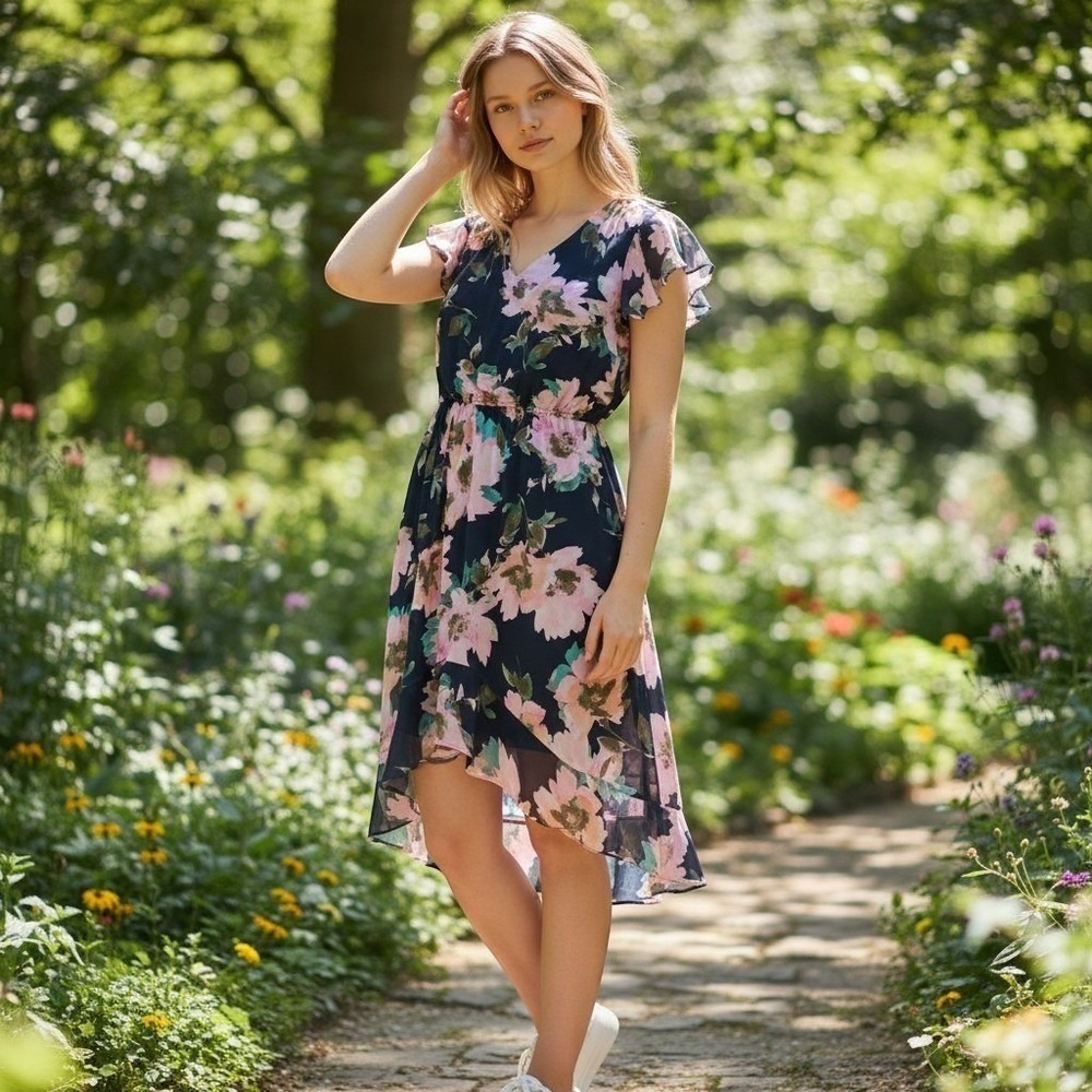 Emma & Michele Floral Chiffon High Low Dress 3X Navy Pink Used‎ Cottagecore - Picture 2 of 16